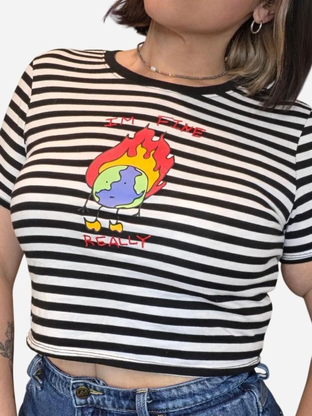 Edgy Moody Black & White Striped Graphic Crop Baby Tee - CI'm Fine Really" Sz M